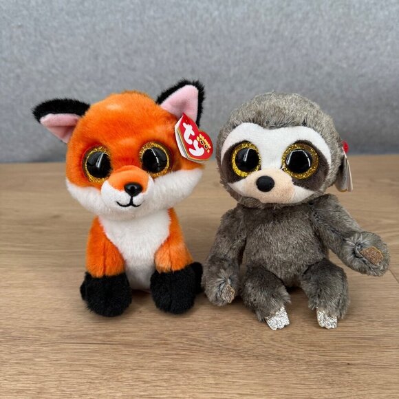 TY Beanie Boos Dangler Sloth Meadow Fox Toy LOT of 2 Small 6" VelveTy TySilk NEW - Picture 1 of 8